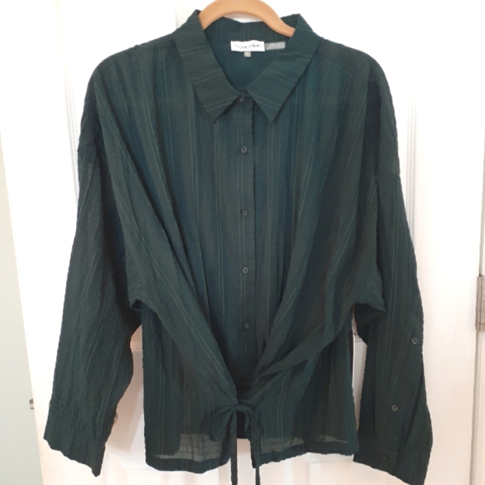 Calvin Klein XL Forest Green  Tie Hem Relaxed Fit Roll Up Sleeves All Season Top